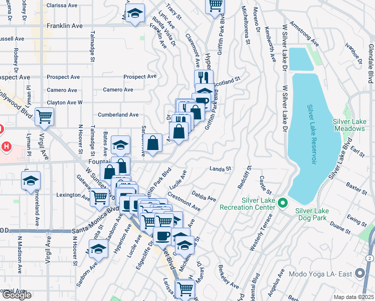 map of restaurants, bars, coffee shops, grocery stores, and more near Griffith Park Blvd & Fernwood Ave in Los Angeles