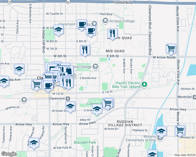 map of restaurants, bars, coffee shops, grocery stores, and more near 747 North Dartmouth Avenue in Claremont