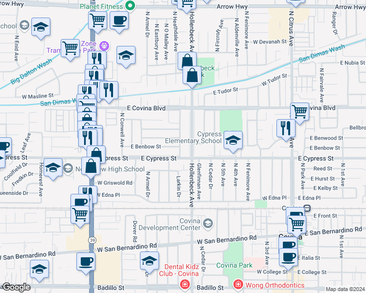 map of restaurants, bars, coffee shops, grocery stores, and more near 4626 Larkin Drive in Covina