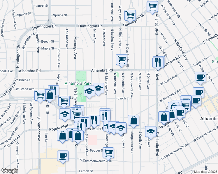 map of restaurants, bars, coffee shops, grocery stores, and more near 406 North Marengo Avenue in Alhambra