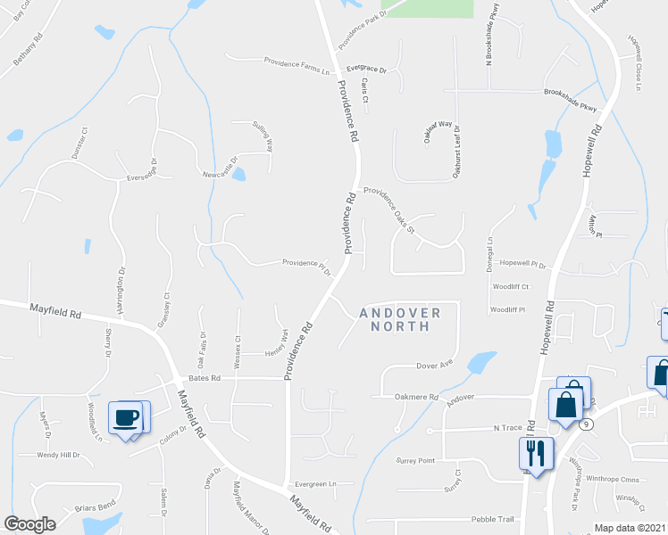map of restaurants, bars, coffee shops, grocery stores, and more near 1850 Providence Place Drive in Alpharetta
