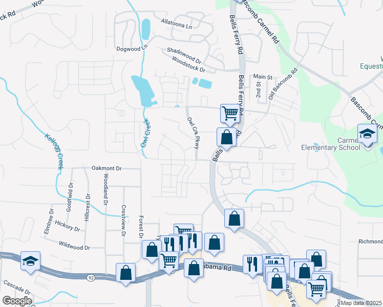 map of restaurants, bars, coffee shops, grocery stores, and more near 1205 Hunter Road in Acworth