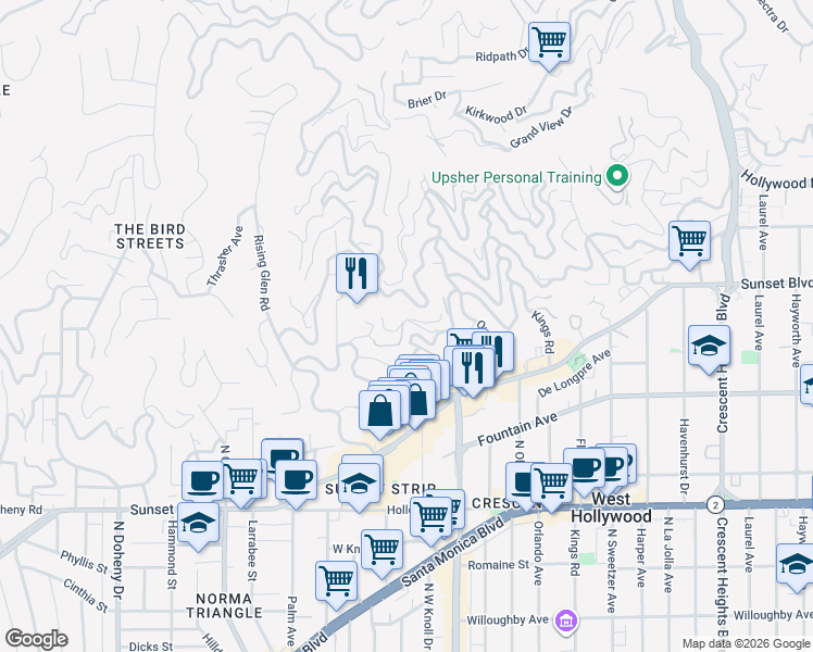 map of restaurants, bars, coffee shops, grocery stores, and more near 8540 Hedges Way in Los Angeles