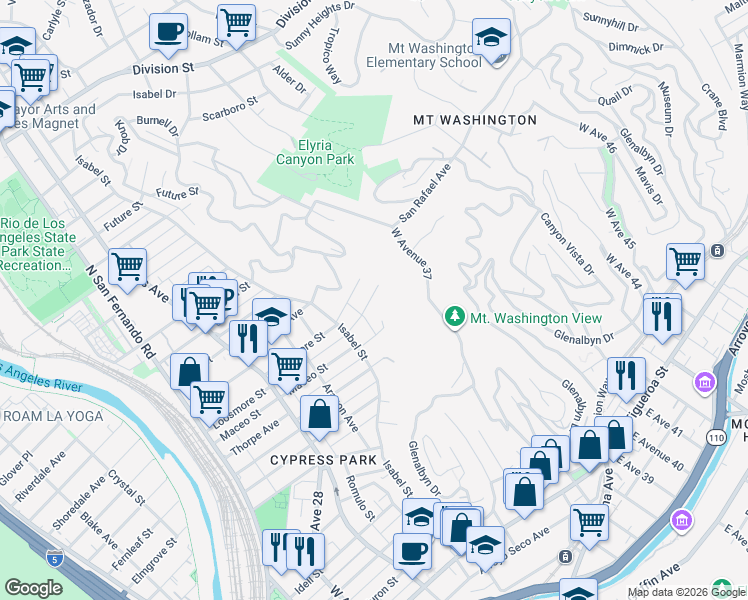 map of restaurants, bars, coffee shops, grocery stores, and more near 3620 Altamont Street in Los Angeles