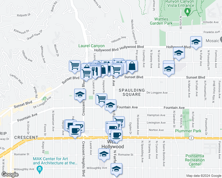 map of restaurants, bars, coffee shops, grocery stores, and more near 1429 North Fairfax Avenue in West Hollywood