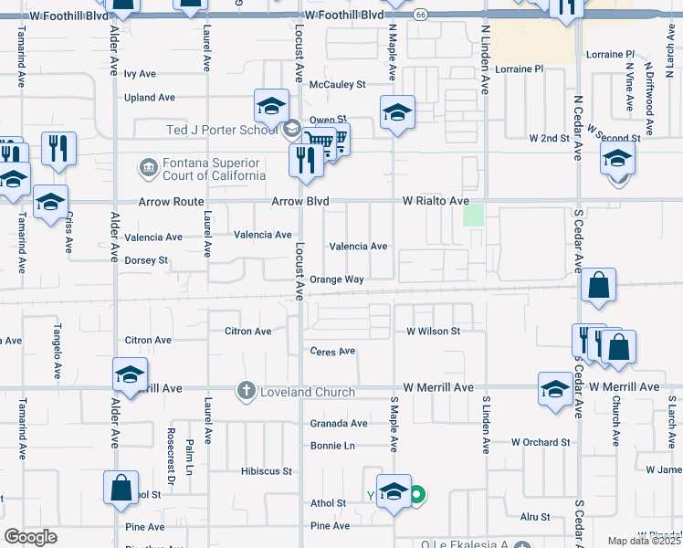 map of restaurants, bars, coffee shops, grocery stores, and more near 8660 Williams Road in Fontana