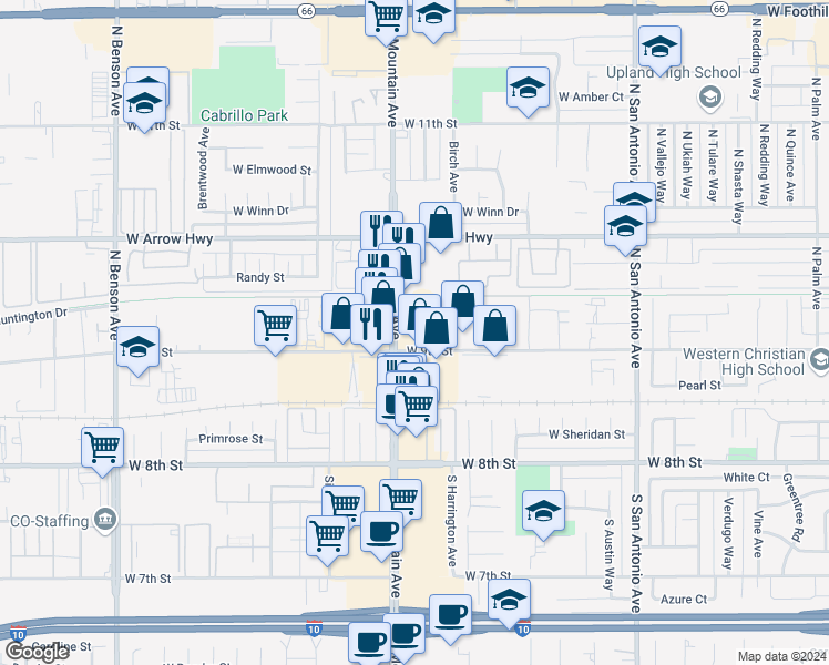 map of restaurants, bars, coffee shops, grocery stores, and more near 222 North Mountain Avenue in Upland