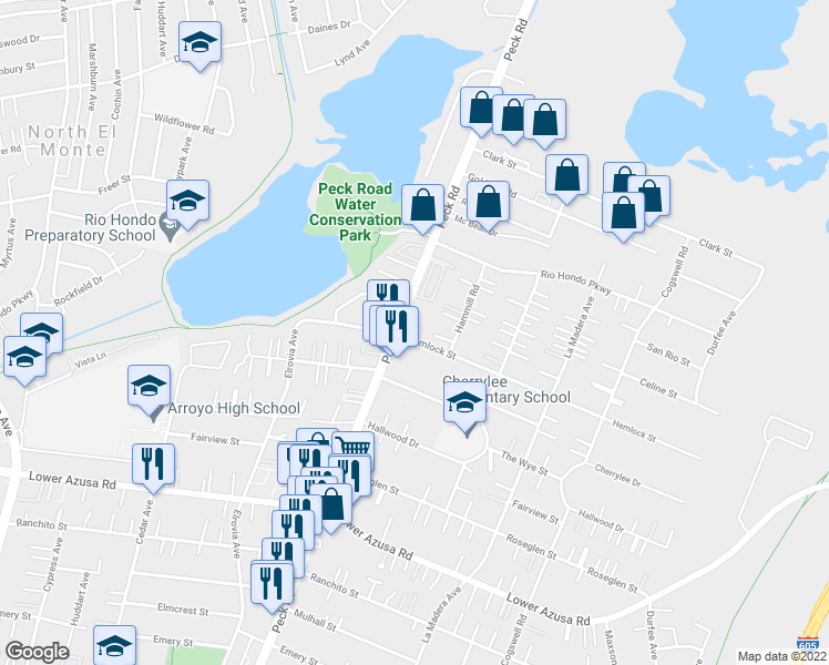 map of restaurants, bars, coffee shops, grocery stores, and more near 11613 Hemlock St in El Monte