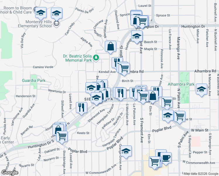 map of restaurants, bars, coffee shops, grocery stores, and more near 5649 Huntington Drive in Los Angeles