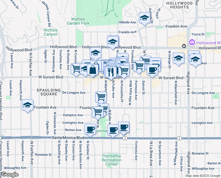 map of restaurants, bars, coffee shops, grocery stores, and more near 1423 North Fuller Avenue in Los Angeles