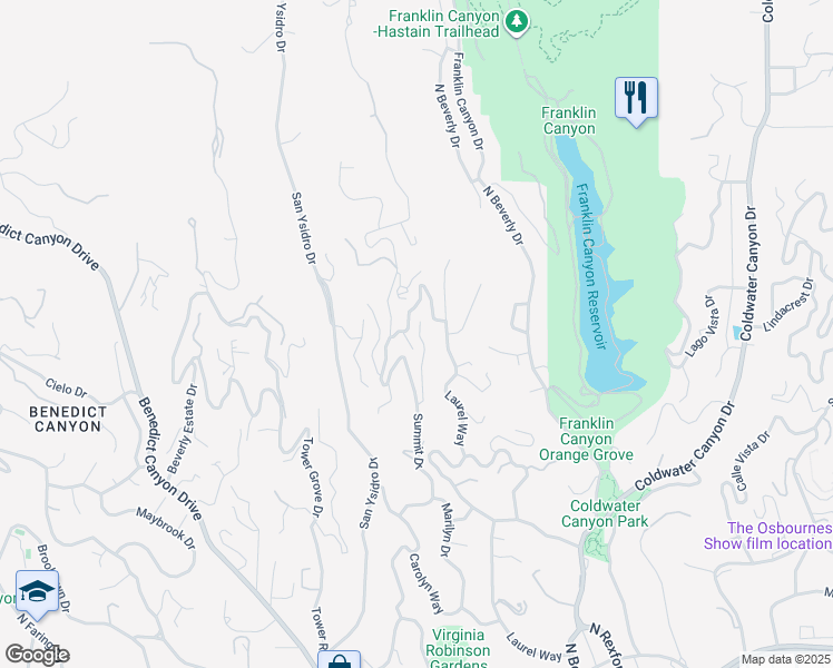 map of restaurants, bars, coffee shops, grocery stores, and more near 1401 Dawnridge Drive in Beverly Hills
