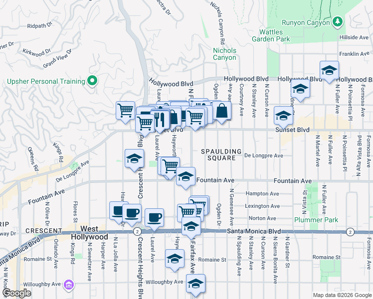 map of restaurants, bars, coffee shops, grocery stores, and more near 1435 North Fairfax Avenue in West Hollywood