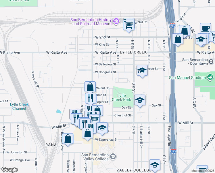 map of restaurants, bars, coffee shops, grocery stores, and more near 1290 Walnut Street in San Bernardino