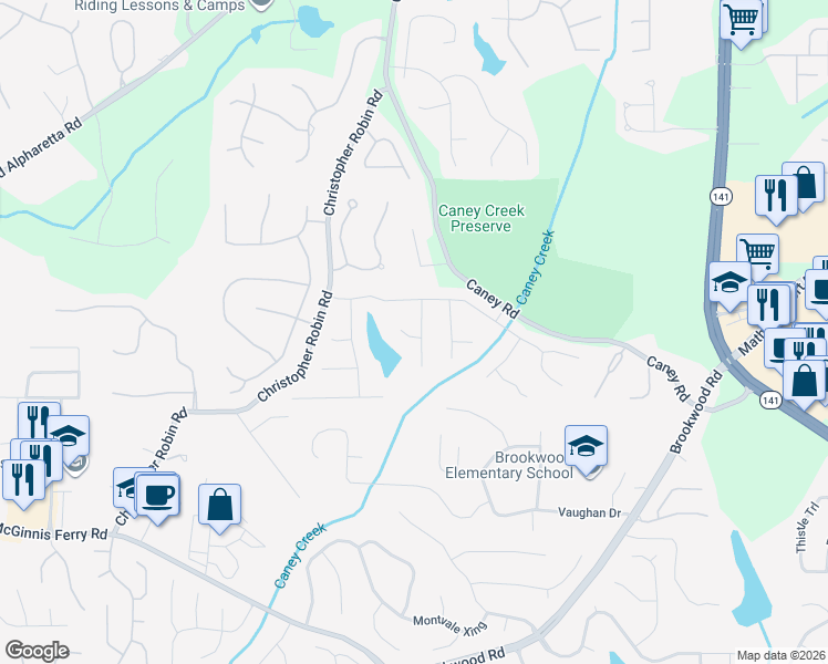 map of restaurants, bars, coffee shops, grocery stores, and more near 2135 Brook Pond Court in Alpharetta