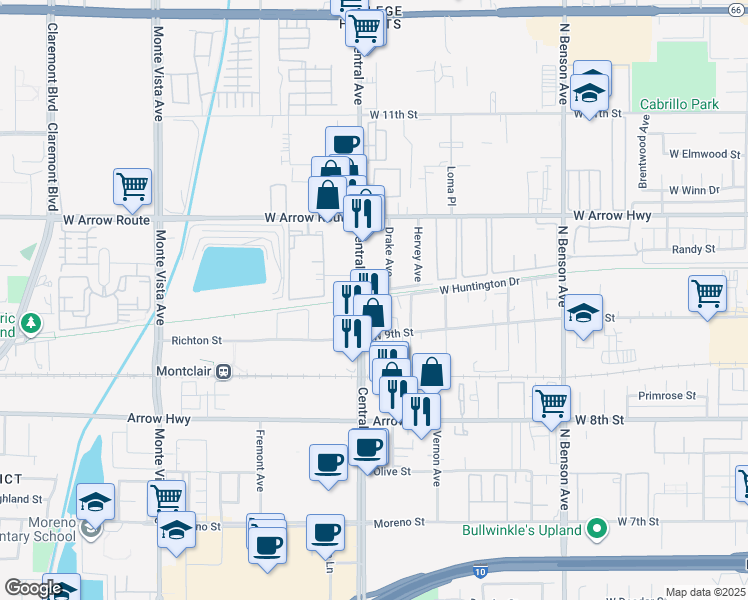 map of restaurants, bars, coffee shops, grocery stores, and more near 1910 West Huntington Drive in Upland