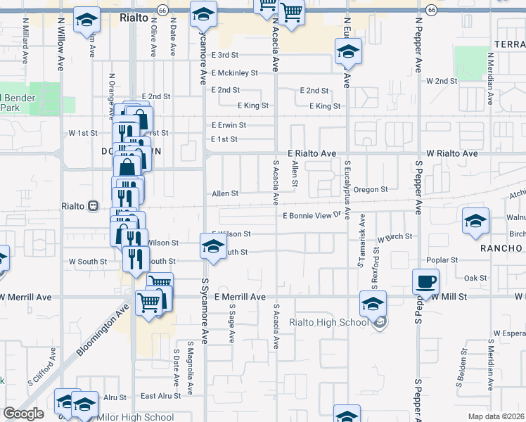 map of restaurants, bars, coffee shops, grocery stores, and more near 462 East Bonnie View Drive in Rialto