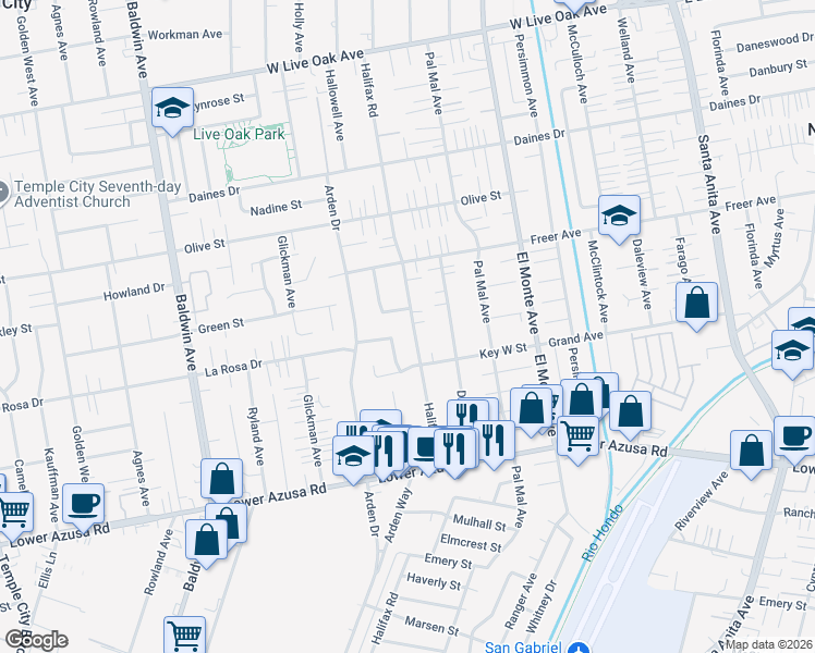 map of restaurants, bars, coffee shops, grocery stores, and more near 5107 Halifax Road in Temple City