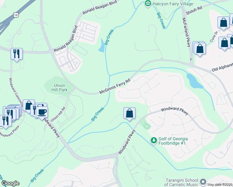 map of restaurants, bars, coffee shops, grocery stores, and more near 1420 Hillcrest Heights in Alpharetta