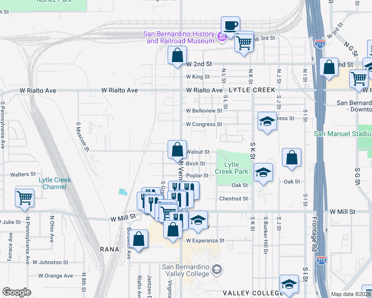 map of restaurants, bars, coffee shops, grocery stores, and more near 1290 Walnut Street in San Bernardino