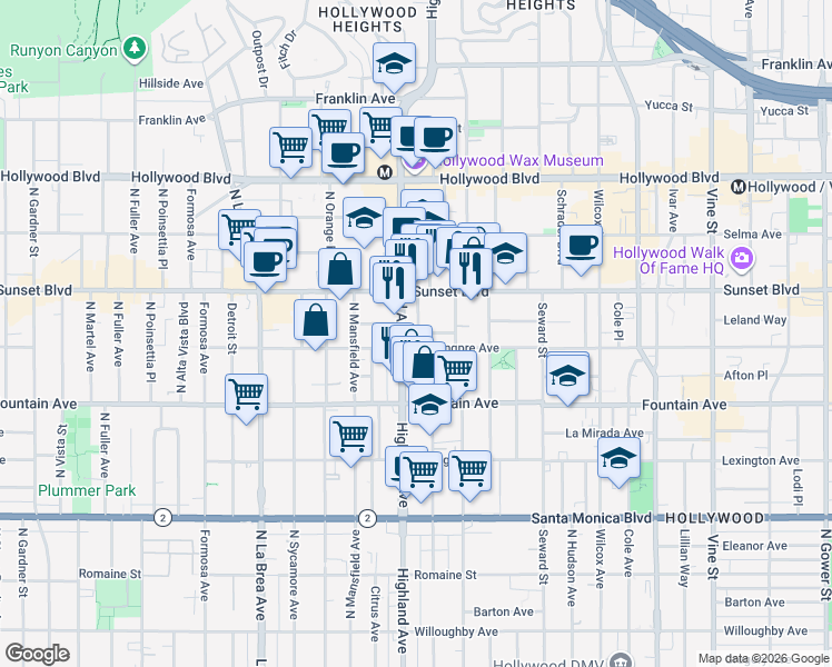 map of restaurants, bars, coffee shops, grocery stores, and more near 1410 North McCadden Place in Los Angeles