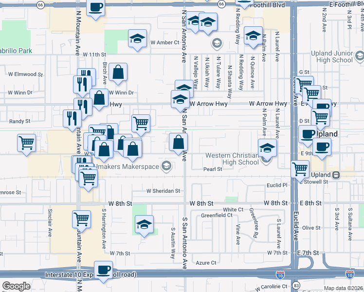 map of restaurants, bars, coffee shops, grocery stores, and more near 225 North San Antonio Avenue in Upland