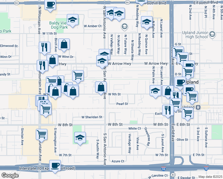 map of restaurants, bars, coffee shops, grocery stores, and more near 233 North Vallejo Way in Upland