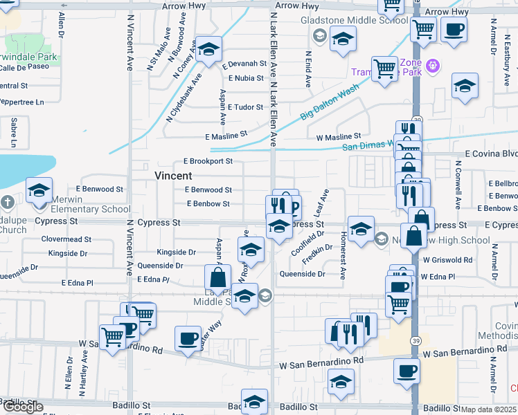 map of restaurants, bars, coffee shops, grocery stores, and more near 16828 East Benbow Street in Covina