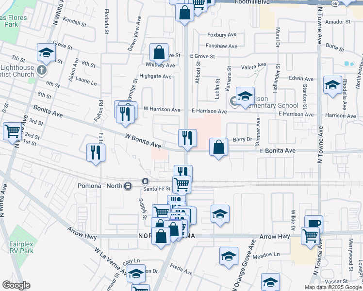 map of restaurants, bars, coffee shops, grocery stores, and more near 2802 Cherry Way in Pomona