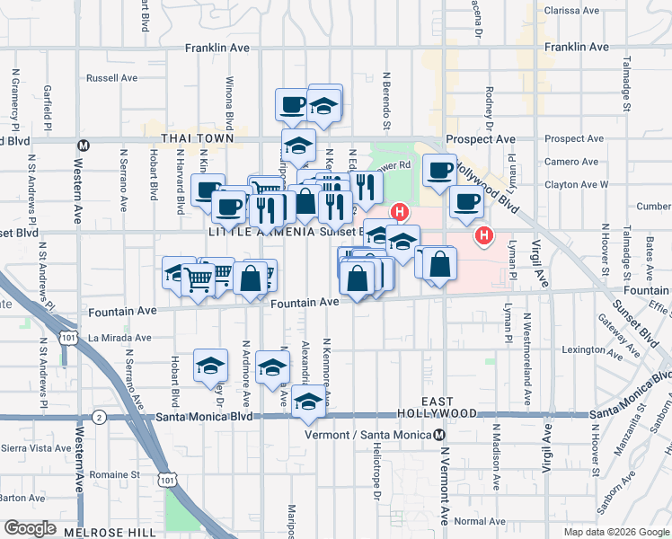 map of restaurants, bars, coffee shops, grocery stores, and more near 1339 1/2 North Kenmore Avenue in Los Angeles
