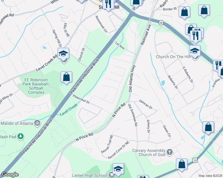 map of restaurants, bars, coffee shops, grocery stores, and more near 4610 Riley Run Court in Sugar Hill