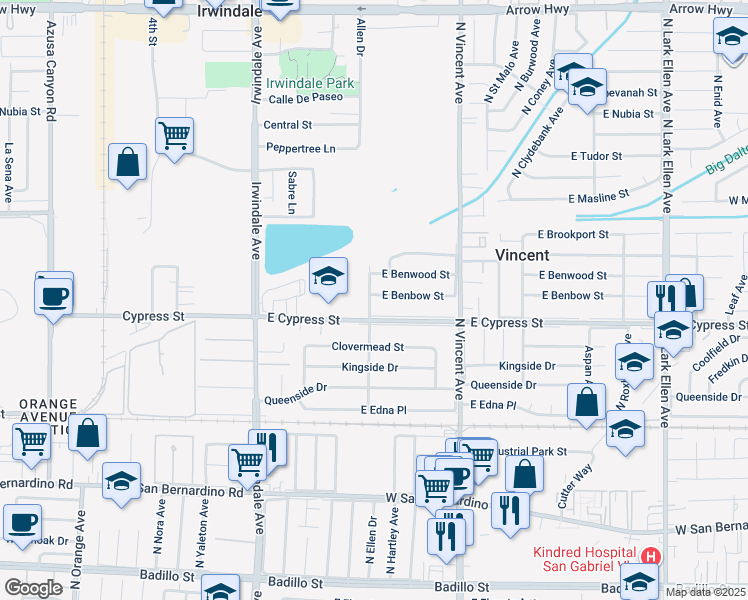 map of restaurants, bars, coffee shops, grocery stores, and more near 16202 East Benbow Street in Covina