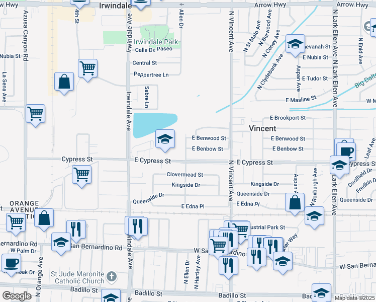 map of restaurants, bars, coffee shops, grocery stores, and more near 16202 East Benbow Street in Covina