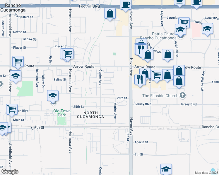 map of restaurants, bars, coffee shops, grocery stores, and more near 10352 Bold Red Drive in Rancho Cucamonga