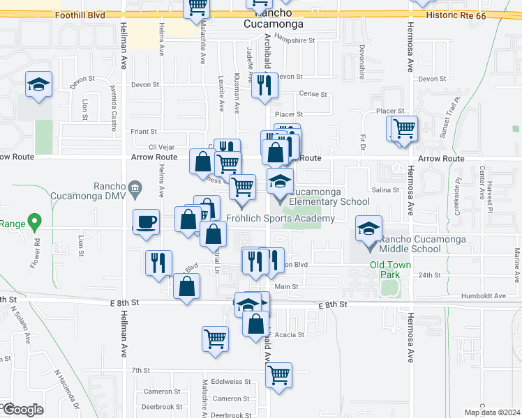 map of restaurants, bars, coffee shops, grocery stores, and more near 8632 Archibald Avenue in Rancho Cucamonga
