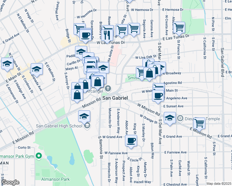 map of restaurants, bars, coffee shops, grocery stores, and more near in San Gabriel