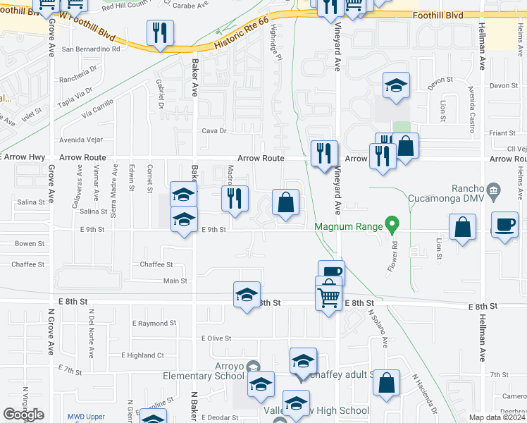 map of restaurants, bars, coffee shops, grocery stores, and more near 8692 East 9th Street in Rancho Cucamonga