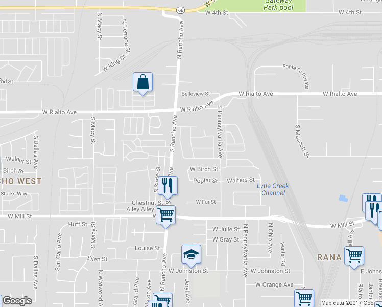 map of restaurants, bars, coffee shops, grocery stores, and more near 322 Big Horn Mountain Road in San Bernardino