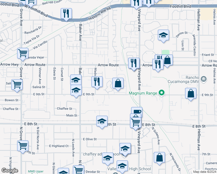 map of restaurants, bars, coffee shops, grocery stores, and more near 8692 East 9th Street in Rancho Cucamonga