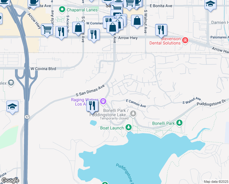map of restaurants, bars, coffee shops, grocery stores, and more near 720 Briarwood Lane in San Dimas