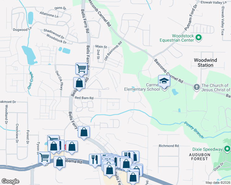 map of restaurants, bars, coffee shops, grocery stores, and more near 282 Derby Court in Acworth