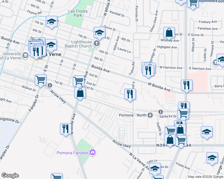 map of restaurants, bars, coffee shops, grocery stores, and more near 2715 2nd Street in La Verne