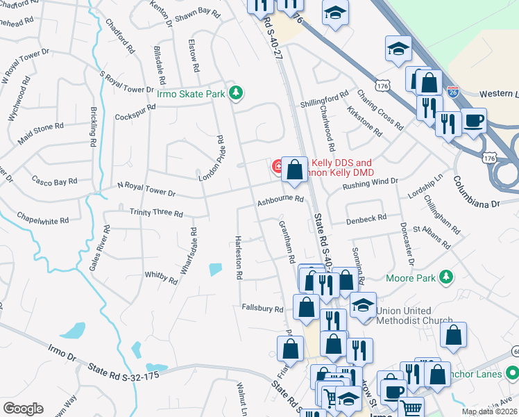map of restaurants, bars, coffee shops, grocery stores, and more near 137 Ashbourne Road in Irmo