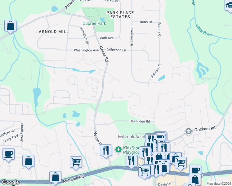 map of restaurants, bars, coffee shops, grocery stores, and more near 115 Neese Farm Drive in Woodstock