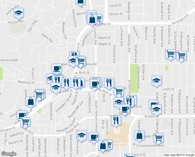 map of restaurants, bars, coffee shops, grocery stores, and more near 2525 West Grand Avenue in Alhambra