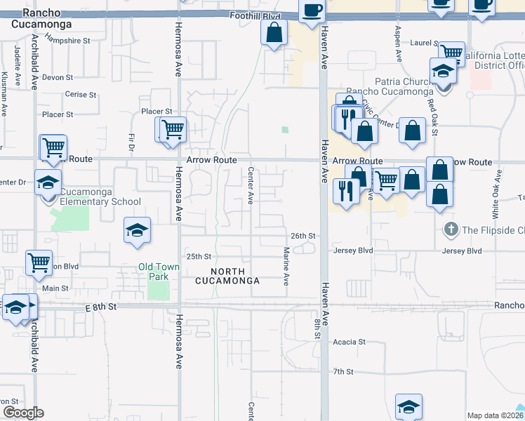 map of restaurants, bars, coffee shops, grocery stores, and more near 10324 Bold Red Drive in Rancho Cucamonga