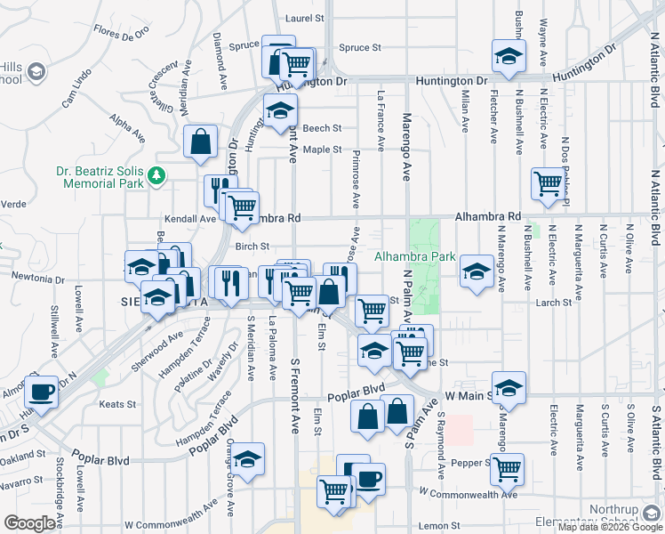 map of restaurants, bars, coffee shops, grocery stores, and more near 2415 West Grand Avenue in Alhambra