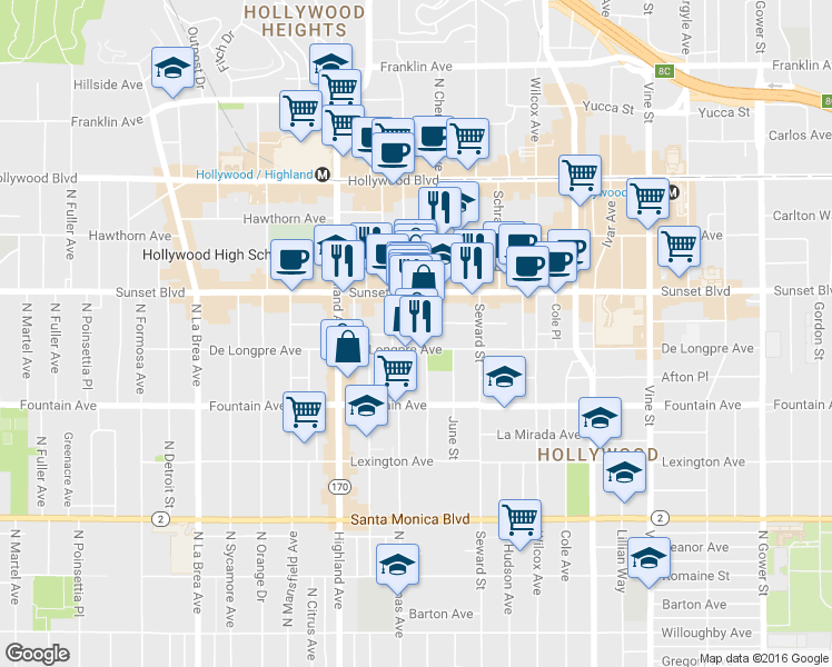 map of restaurants, bars, coffee shops, grocery stores, and more near 1415 North Cherokee Avenue in Los Angeles