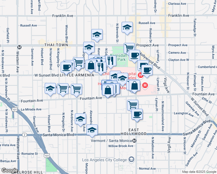 map of restaurants, bars, coffee shops, grocery stores, and more near 1342 North Edgemont Street in Los Angeles