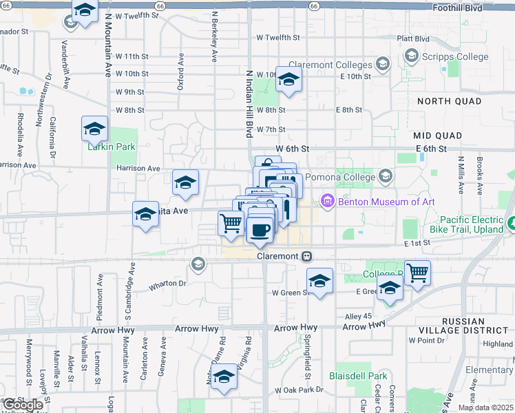 map of restaurants, bars, coffee shops, grocery stores, and more near 650 Huron Place in Claremont