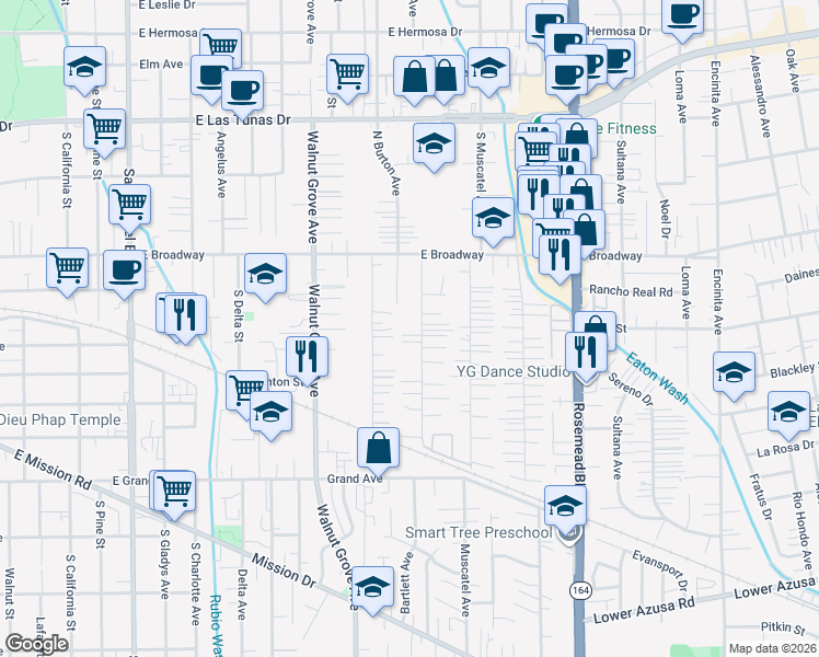map of restaurants, bars, coffee shops, grocery stores, and more near 5309 Bartlett Avenue in San Gabriel